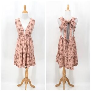 HOUSE OF HARLOWE 1960 Floral Linen Mini Dress Small Pink Plunging VNeck Tie Back